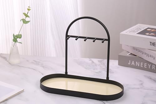Shinpuru Metal Jewelry Organizer Stand & Key Holder Tray with Acrylic Base, Key Stand and Jewelry Tray with 5 Hooks, Perfect Key Bowl, Valet Tray, Ring Holder, Jewelry Dish (Matt Creamy) - color: Matt Creamy