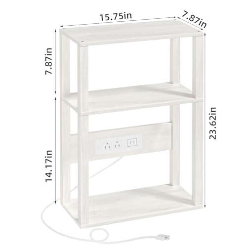 YUFAM 3-Tier Small Narrow Wood Side Table with Charging Station, Skinny Nightstand for Small Space, Slim Bedside Table with Storage for Couch, Thin End Table with USB Ports and Outlets, Grey White - color: Grey White, size: 1 Pack