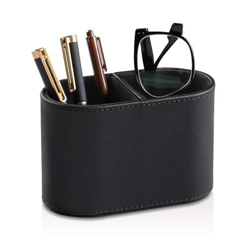 PU Leather Pen Holder for Desk, Small Remote Control Holder Pencil Cup Multifunctional Desktop Organizer Caddy for Home School Office Desk Accessories - 2 Compartments (Black) - color: Black