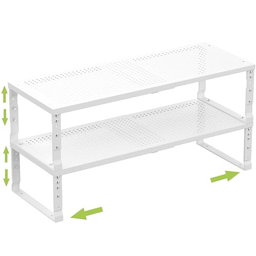 Jojocross Expandable Cabinet Shelf Organizer Storage Spice Rack Shelves for Kitchen Stackable Adjustable Pantry Cupboard Bathroom Countertop Desktop(2Packs/White/Large-with Hole) - color: 2 Packs/White With Hole, size: LARGE:10.1"D x 16.6~26.5"W x 6.1"/7.