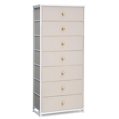 Crestlive Products Tall Dresser, 7-Drawer Wide Fabirc Storage Tower, Chests of Drawers - Vertical Organizer Unit for Bedroom, Hallway, Entryway, Nursery, Wood Top, Closets with Handles (Beige) - color: Beige, style: Wide-7 Drawers