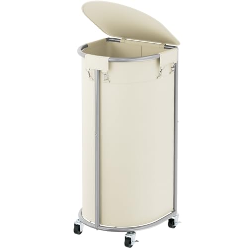 Rolling Laundry Basket with Lid, 100L Laundry Hamper with Wheels, Half Round Laundry Cart with Removable Bag, Sturdy Metal Frame Dirty Clothes Organizer for Bathroom, Bedroom, Beige - color: Beige, size: 100L(16.9"L x 12.6"W x 31.5"H)