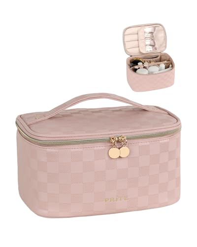 Prite Makeup Bag, Large Capacity Portable Travel Cosmetic Bag, Waterproof Makeup Organizer for Women with Handle and Divider (001 Checkered Pink) - color: 001 Checkered Pink