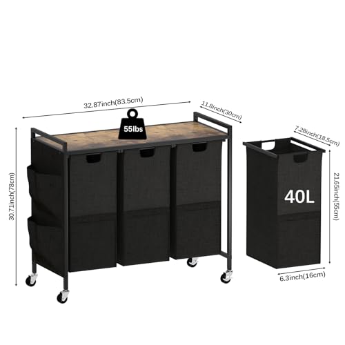 Huhote Laundry Hamper, Laundry Basket, Laundry Sorter with Top Shelf & 3 Removable Washable Bags & Side Pockets for Laundry Room organization, Bathroom and Dorm, Rustic Brown and Black - color: 3 bags-Black
