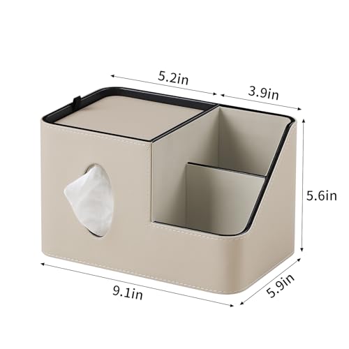 PU Leather Square Tissue Box Cover with Magnetic Closure, Tissue Holder with Storage Tray & Remote Control Organizer, for Nightstand, Living Room, Bathroom, Office Desk (Beige) - color: Beige
