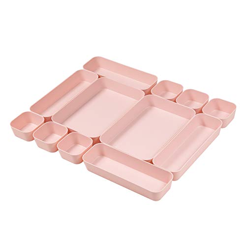 Backerysupply Set Of 12 Pink Color Plastic Desk Drawer Organizers For Makeup Bathroom Office Kitchen Vanity Drawer Storage Box Container - color: Pink