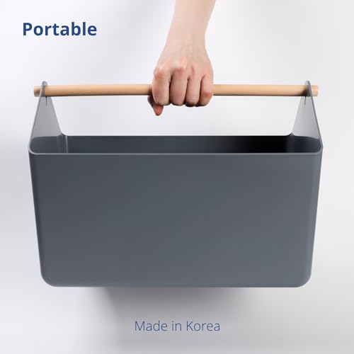 BLUE GINKGO Large Storage Basket – Plastic Caddy with Wooden Handle for Bathroom, Pantry, or Cleaning Supplies (Gray) - color: GREY, size: Large
