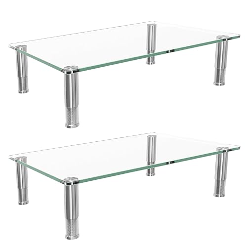 Simple Trending 2 Pack Computer Monitor Riser with Height Adjustable, Tempered Glass, Multi Media Desktop Stand for Flat Screen TV Laptop - size: 14.25 x 9.5 x 3.5 inches
