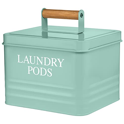 Calindiana Modern Farmhouse Metal Laundry Pods Holder Container with Lid for Laundry Room Decor and Accessories and Space Saving Organization and Storage, Holds 81 Laundry Pods, Mint - color: Mint
