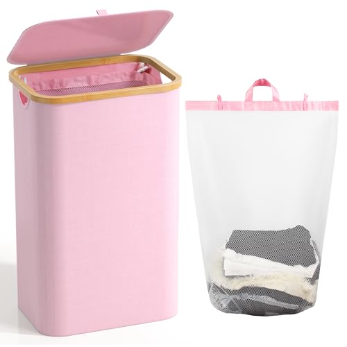 100L Laundry Hamper with Lid, Large Laundry Basket with Bamboo Handles, Clothes Hampers for Laundry with Removable Bag, Dirty Clothes Hampers for Bedroom Aesthetic, Pink - color: Pink