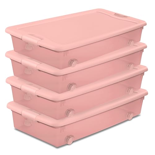 Sterilite 4-Pack 56 Quart Wheeled Latching Box, Underbed Plastic Storage Organizer, Pearl Blush Tint - Under Bed Rolling Container Bin with Lid and Wheels for Home or Dorm Bedrooms and Closets - color: Pink, size: 4 Pack