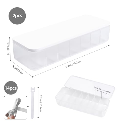 PAVSTINE 2 Pcs Cable Organizer Storage Box with 14 Wire Ties,Desktop Cable Management Box with Lid,Power Cord Organizer for Office,Home,Desk Accessories Storage Stationery Supplies White