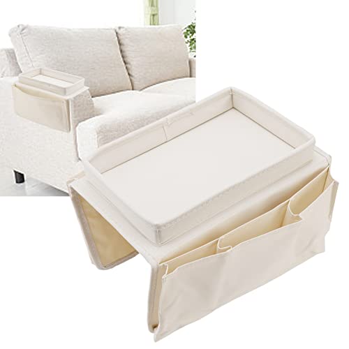 Couch Sofa Armrest Organiser Arm Chair Caddy Bedside Storage Pocket,600D Oxford Cloth Side Pockets Sofa Arm Table Armrest Tray TV Remote Holder Bed Storage Pocket (Beige) - color: Beige