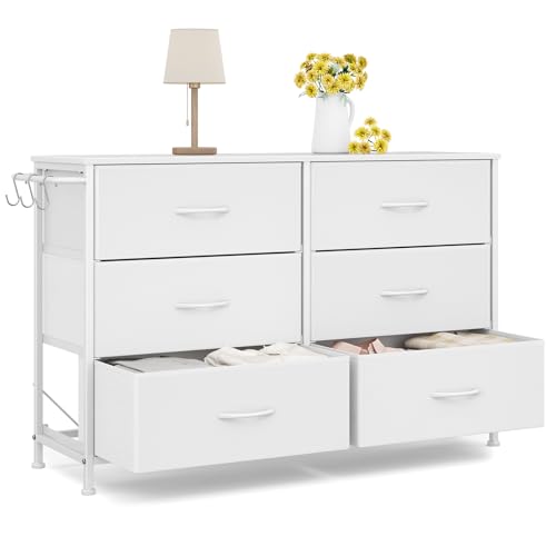 Dresser for Bedroom with 6 Drawers, Small Fabric Dressers for Kids Bedroom, Chest of Drawers, Storage Organizer Dresser for Closet, Nursery, Dorm, Apartment, TV Stand Living Room Wooden Top (White) - color: White, size: 11.8"D x 39.4"W x 25.6"H (6 Drawers