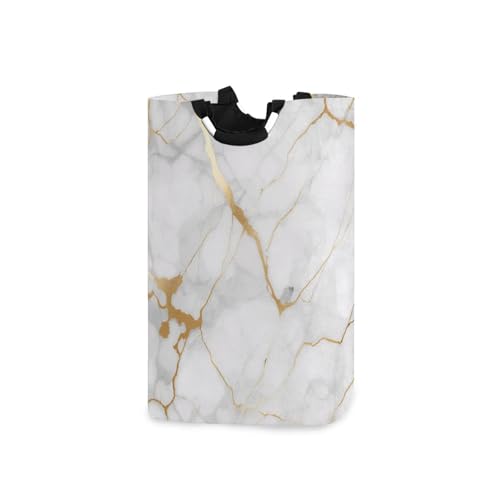 Kigai White Gold Marble Texture Laundry Basket Collapsible Laundry Hamper with Handles Clothes Organizer Foldable Waterproof Washing Bin for College Dorms, Nursery, Bathroom