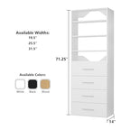 ROOMTEC Modular Closet System, 25.5" 4 Drawer Shelf Closet Tower Wall-Mounted Closet Organizer, Wooden Tower for Walk-In Closets, Wardrobe Storage Kit, White - size: 25.5" Wide, style: Model 8