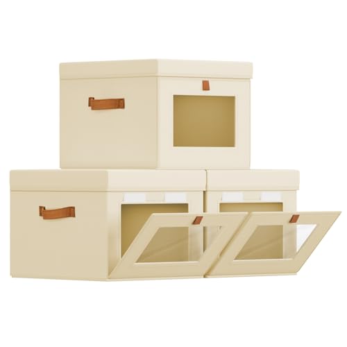Homsorout Storage Bins with Lid – Closet Organizer with Side Opening and Clear Window, Foldable Stackable Fabric Basket for Clothes Storage, Bedroom, Nursery, Office, 3 Pack, Beige - color: Beige, size: 13.7 Inch-3 Pack