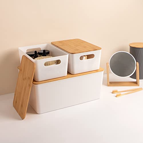 Isaac Jacobs 2-Pack Medium White Storage Bin Set w/Cut-Out Handles and Bamboo Lid, Plastic Organizers for Home, Pantry, Kitchen, Closet, Office, Home Décor, BPA Free, Food Safe (Medium, White) - color: White, size: Medium
