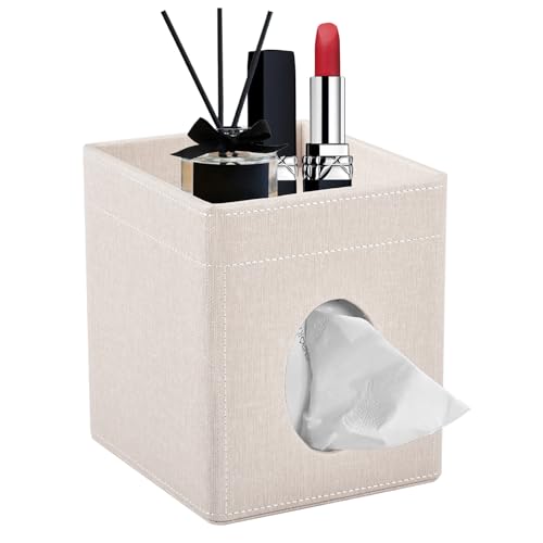 Tissue Box Cover with Storage Tray Square Tissue Box Holder PU Leather Facial Tissues Organizer Tray for Bathroom Vanity Bedroom Office Car,Stylish Napkin Caddy Decorative Organizer,Beige - color: Beige