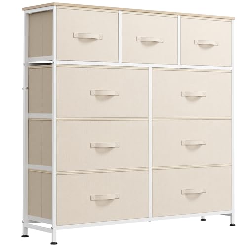 WLIVE 9 Drawer Dresser, Fabric Storage Tower for Bedroom, Hallway, Closet, Tall Chest Organizer Unit for Bedroom with Fabric Bins, Steel Frame, Wood Top, Easy Pull Handle, Cream White - color: Cream White