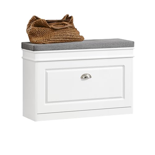 SoBuy Small Shoe Storage Bench, Narrow Shoe Cabinet for Entryway, Shoe Rack with Cushion&2 Tiers Flip-Drawer, Closet Hallway Mudroom White FSR82-L-W - color: White, size: 1 Drawer (L)