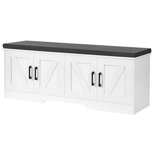 HOMSHO 2-Tier Storage Bench, 47.2" Wide Shoe Bench with Padded Seat Cushion, Entryway Bench with 4 Barn Doors and Adjustable Shelf, White - color: White, size: 47.2" Wide