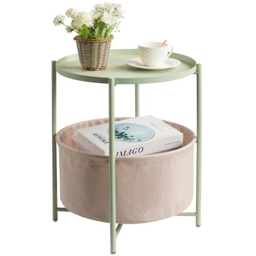 danpinera Round Side Table with Fabric Storage Basket, Metal Side Table Small Bedside Nightstand with Removable Tray Top for Living Room, Bedroom, Nursery, Laundry, Light Green - color: Light Green