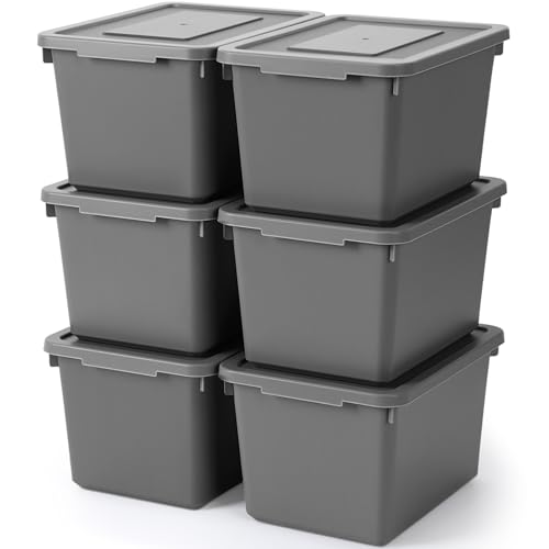 Potchen 6 Pcs Pack Cute Plastic Storage Bins with Lids Decorative Stackable Storage Boxes 9.8" ×7.3" ×5.7" Small Storing Totes for Organizing Craft Office Supplies (Grey) - color: Grey