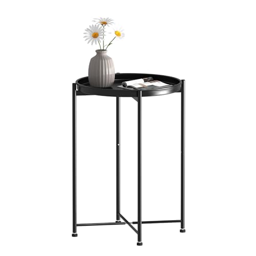 Garden 4 you Small Side Table, Mini Round End Table, Tray Table with Metal Frame, Modern Nightstand for Living Room, Bedroom, Patio, Small Space, Black - color: Black, size: 1 PCS