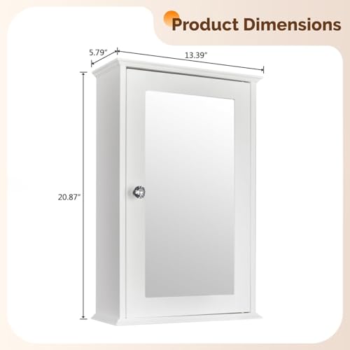 Bonnlo White Mirrored Medicine Cabinet - Wall Mounted Bathroom Storage Organizer with Single Door, 2 Adjustable Shelves & Magnetic Lock, Reversible Small Vanity Cabinet for Over the Toilet/Sink - size: Small - Mirrored