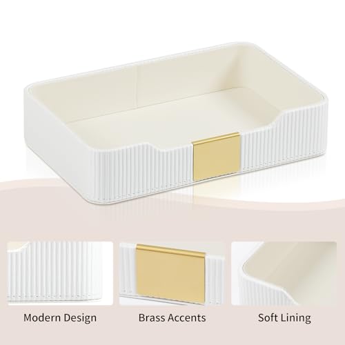 Valet Tray Desktop Storage Organizer, PU Leather Catchall Bedside Vanity Tray with Brass Accents Block Nightstand Organizer for Keys Watch Wallet Phone, Decorative Nightstand Storage (White) - color: White
