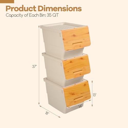 Giantex Plastic Stackable Storage Bins with Lids & Wheels, 3 Pack Open Front Stacking Bins, Organizer Bins for Pantry, Kitchen, Laundry, Closet, Playroom, Bedroom Organization (35 QT) - color: White + Natural, size: 3 Pack, 35 QT