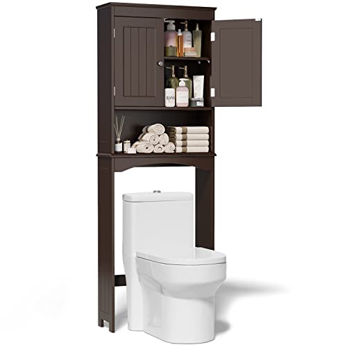 Gizoon Over the Toilet Storage Cabinet with Adjustable Shelf and Double Doors, Bathroom Space Saver Organizer Above Toilet with Open Shelf, Taller Wooden Free Standing Toilet Rack -Espresso - color: Espresso