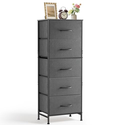 Nightstand, 5 Drawer Dresser End Table Bedside Furniture with Wooden Top Steel Frame Fabric Bins for Bedroom, Closet, Entryway, Dorm, Living Room, Gray - color: Grey, size: 11.8"D x 15.8"W x 47.8"H (5 Drawers)