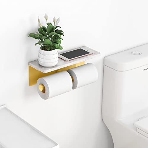 Brushed Gold Toilet Paper Holder with Shelf, New Upgrade Double Toilet Paper Holder with Storage, Marble Roll Toilet Paper Wall Mount for Bathroom Washroom - color: Gold, size: 2 Roll