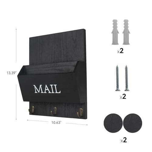 Wooden Mail Organizer with Key Hooks, Rustic Wall Mounted Letter Holder, Farmhouse Mail Sorter with Hooks, Bill Letter Storage for Entryway, Black