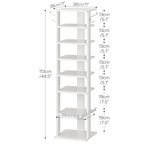 HOOBRO 8 Tiers Vertical Shoe Rack, Wooden Shoe Storage Organizer with Hooks, Narrow Shoe Tower for 8 Pairs, Space Saving, for Entryway, Living Room, Bedroom, White WT07XJ01G1 - color: White, size: 8 Tier (11"W)