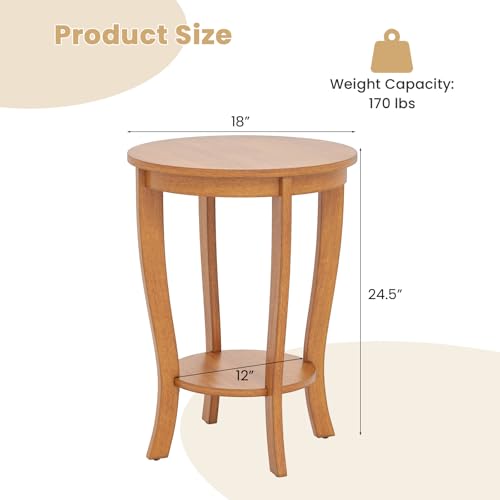 GOFLAME 2-Tier Round End Table, 18” Sofa Side Table with Storage Shelf, Floor Tea Table with Solid Wood Legs, Compact Nightstand for Small Space, Living Room, Bedroom, Light Brown - color: Light Brown