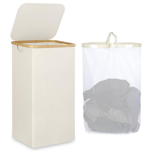 iEGrow Laundry Basket with Lid, 110L Large Laundry Hamper with Handle and Lid, Collapsible Clothes Basket Organizer with Removable Inner Bag for Clothes Toys Towels - Beige - color: Beige, size: 110L
