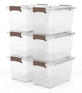 WYT 6-Pack Clear 7 Quart Storage Latch Box/Bins, Plastic Stackable Latching Box with Brown Handle and Lid, Multi-Purpose, 7 Litre - size: 7qt - 6 pack