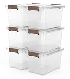 WYT 6-Pack Clear 7 Quart Storage Latch Box/Bins, Plastic Stackable Latching Box with Brown Handle and Lid, Multi-Purpose, 7 Litre - size: 7qt - 6 pack