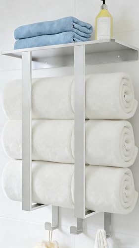 Towel Racks for Bathroom, BETHOM Towel Rack Wall Mounted with Shelf and 3 Hooks, Towel Storage for Small Bathroom for Rolled Bath Towels, Brushed Nickel - color: Brushed Nickel, size: Square Tube