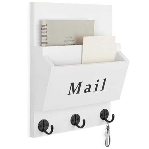 Mail and Key Holder - Decorative 8.86" x 11.42" Wall Key Hanger with 2 Mail Organizer Slots and 3 Hooks - Real Paulownia Wood with Keyhole Brackets, Hardware and Instructions (White) - color: White