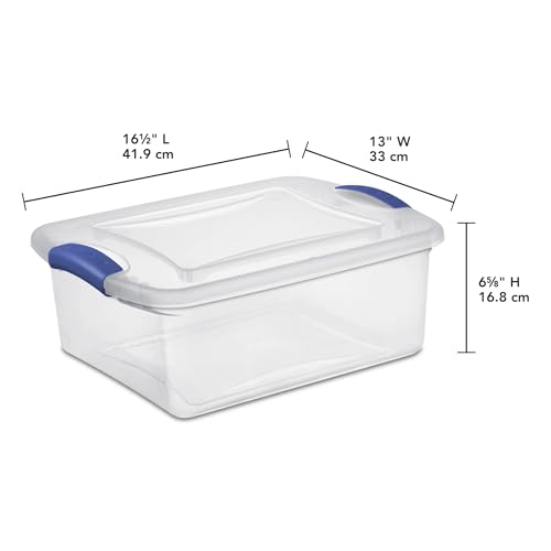 15 Quart Clear Plastic Storage Bins with Lids, Small Latching Storage Container for Closet Organization, Toy Storage and Pantry, Stackable Organizer Box with Blue Latches (1)