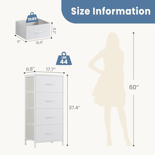 DUMOS Nightstand with 4 Drawers Bedside Table with Removable Fabric Bins Sturdy Steel Frame Wood Top Organizer Furniture for Bedroom Closet Living Room - color: White, size: 11.8"D x 17.7"W x 37.4"H (4 Drawers)