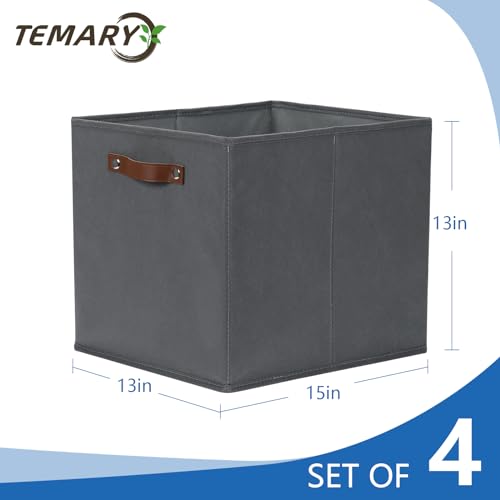 Temary Foldable Cube Baskets 4Pack - Grey, 13x15x13 Inch Fabric Storage Organizer Bins with Handles - color: Grey, size: 13x15x13