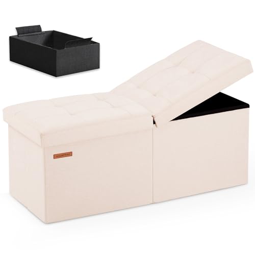 HAUSFRAU 31.5 Inches Ottoman with Storage, Folding Ottoman Small Foot Rest Stool Bedroom Bench with Flipping Lid, Linen Beige - color: Beige, size: 13"D x 31.5"W x 13"H