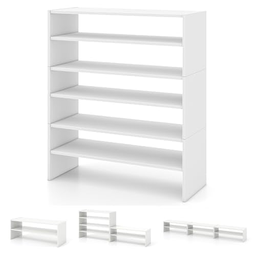 Giantex 3-in-1 Vertical Shoe Rack, 6-Tier Free Standing Shoe Storage Organizer w/Stackable Design for 18 Pairs, 31 Inch Wide Wood Shoe Shelf for Closet, Entryway, Living Room, Office, White - color: White