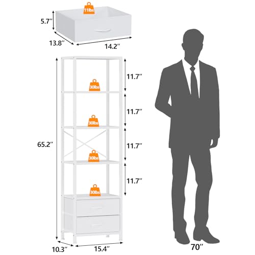 Furnulem 5-Tier Corner Shelf, Narrow Bookshelf with 2 Storage Drawers, Tall Bookcase, Wood Display Standing Shelf Organizer Unit for Living Room, Bedroom, Metal Frame(White) - color: White, size: 5 Tier