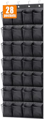 MISSLO 28 Large Pockets Hanging Shoe Organizer Over The Door Shoe Rack for Closet Door Storage Mesh Shoe Holder Hanger for Men, Black - color: Black, size: 22.6x65
